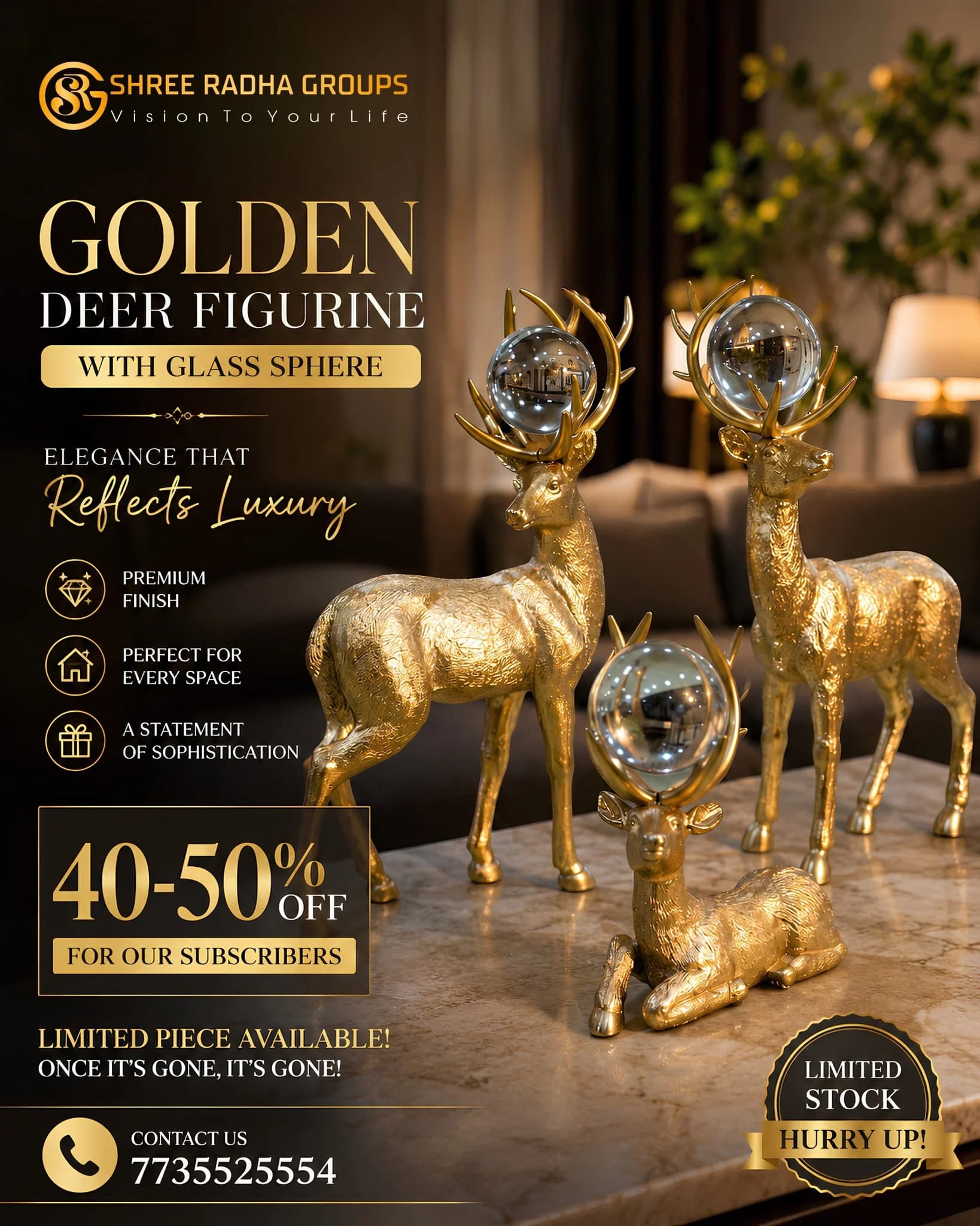 Golden Deer Figurine with Glass Sphere
